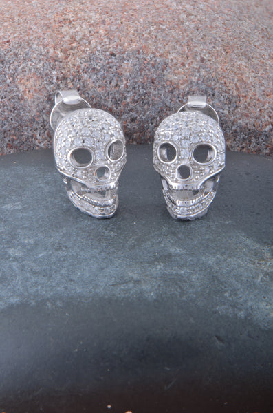 Rhodium Plated Sterling Silver Womens Cz Bling Sugar Skull Womens Stud Earrings - Halloween Gifts for Mom Wife Girlfriend - 11mm