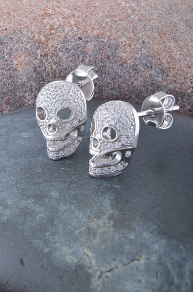 Rhodium Plated Sterling Silver Womens Cz Bling Sugar Skull Womens Stud Earrings - Halloween Gifts for Mom Wife Girlfriend - 11mm