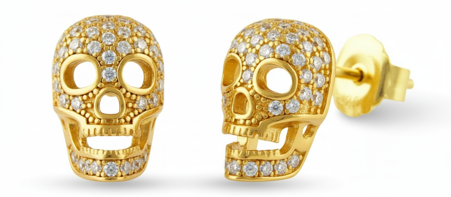 Yellow Gold Over  Sterling Silver Womens Cz Sugar Skull Stud Earrings  11mm