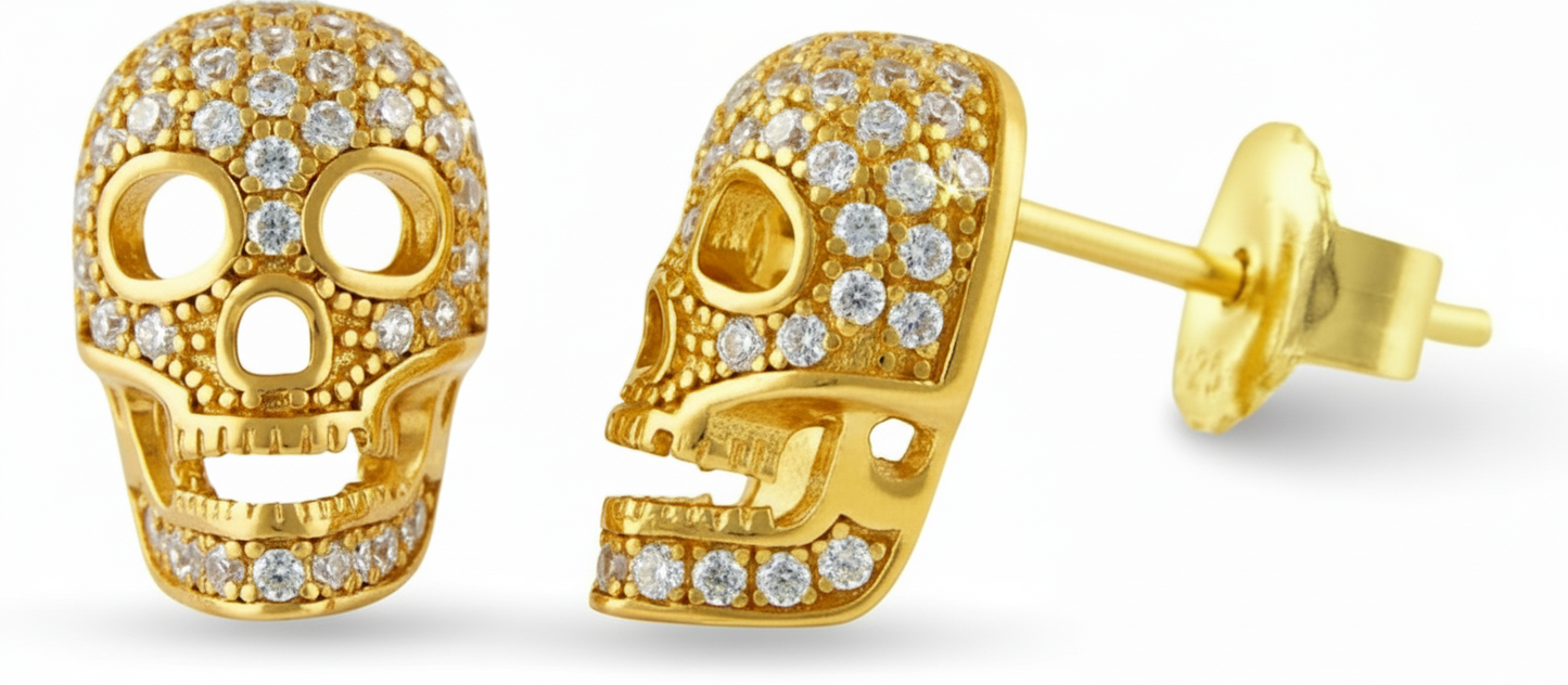 Yellow Gold Over  Sterling Silver Womens Cz Sugar Skull Stud Earrings  11mm