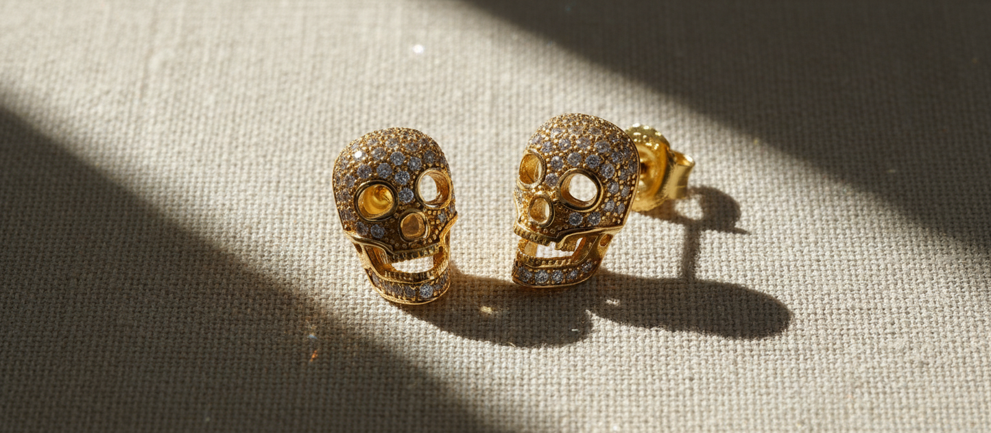 Yellow Gold Over  Sterling Silver Womens Cz Sugar Skull Stud Earrings  11mm