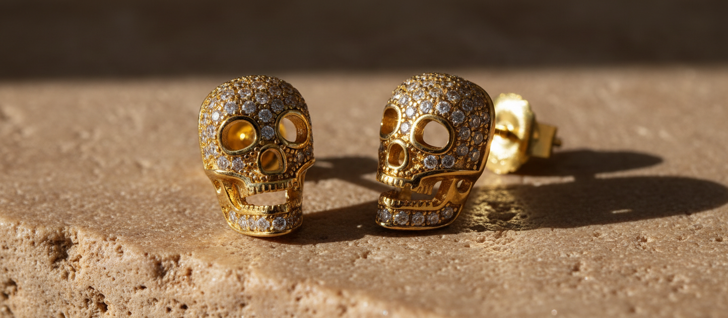 Yellow Gold Over  Sterling Silver Womens Cz Sugar Skull Stud Earrings  11mm