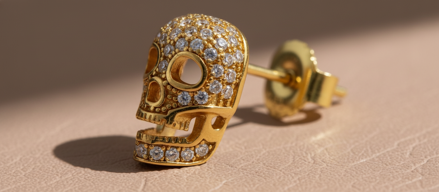 Yellow Gold Over  Sterling Silver Womens Cz Sugar Skull Stud Earrings  11mm