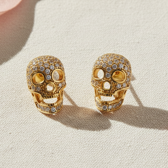 Yellow Gold Over  Sterling Silver Womens Cz Sugar Skull Stud Earrings  11mm