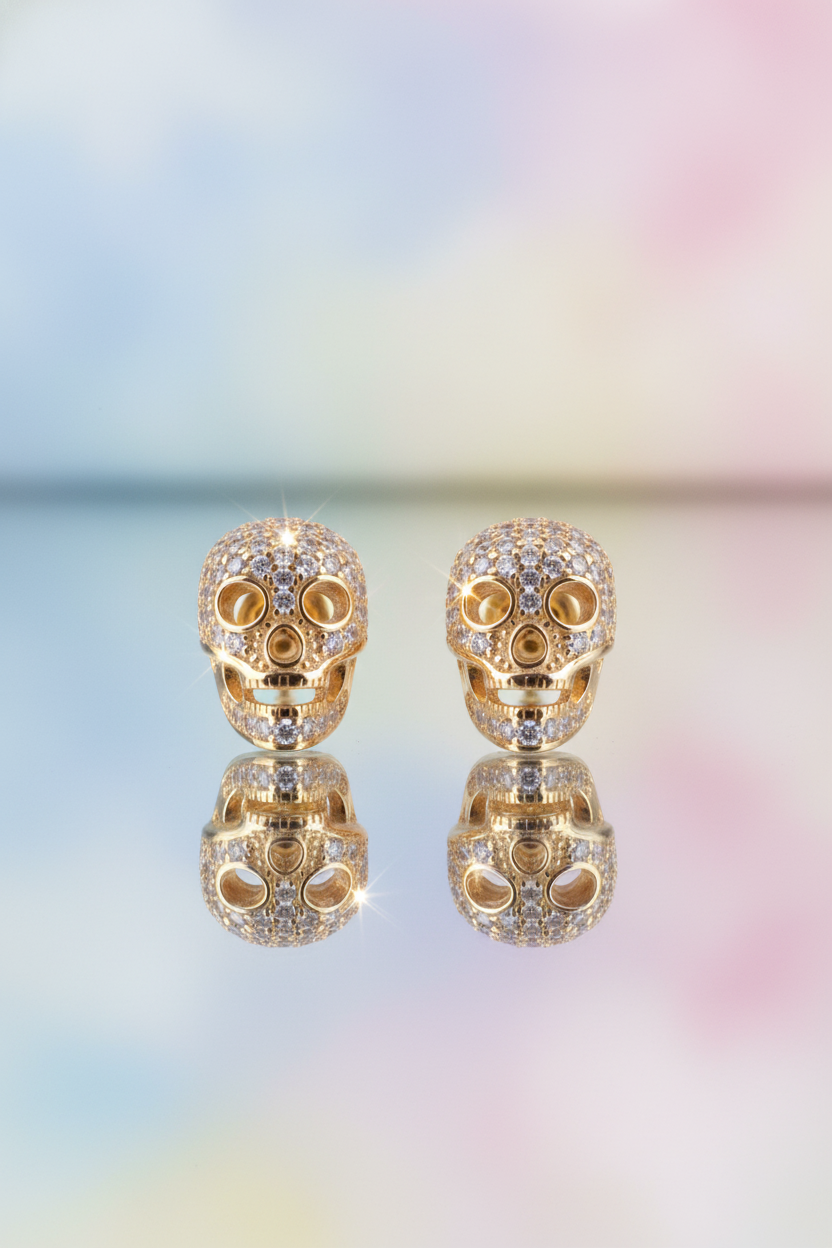 Yellow Gold Over  Sterling Silver Womens Cz Sugar Skull Stud Earrings  11mm