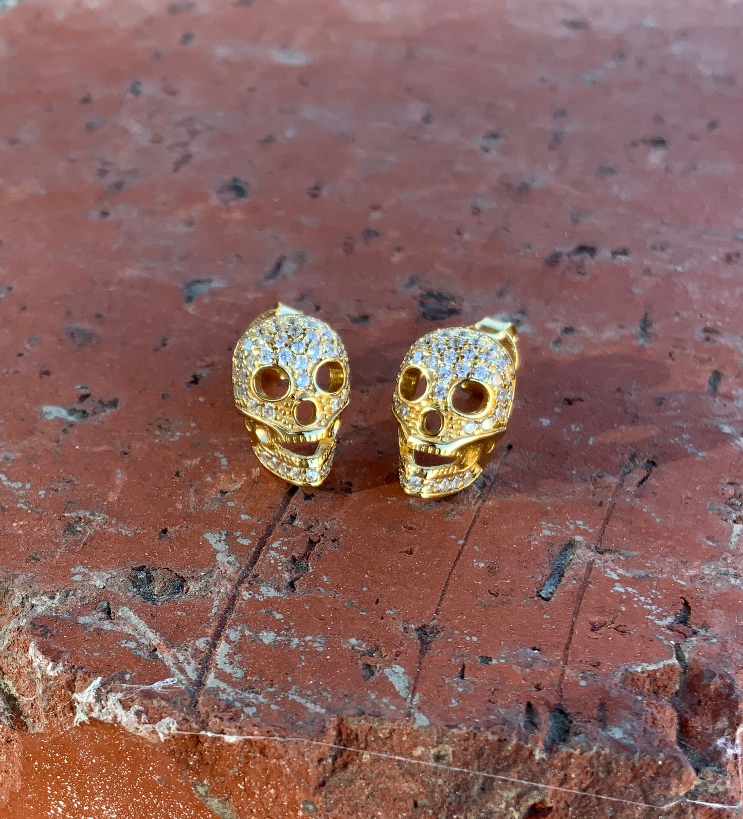 Yellow Gold Yellow Gold Over Sterling Silver Women's CZ Sugar Skull Stud Earrings 11mm — alternate view
