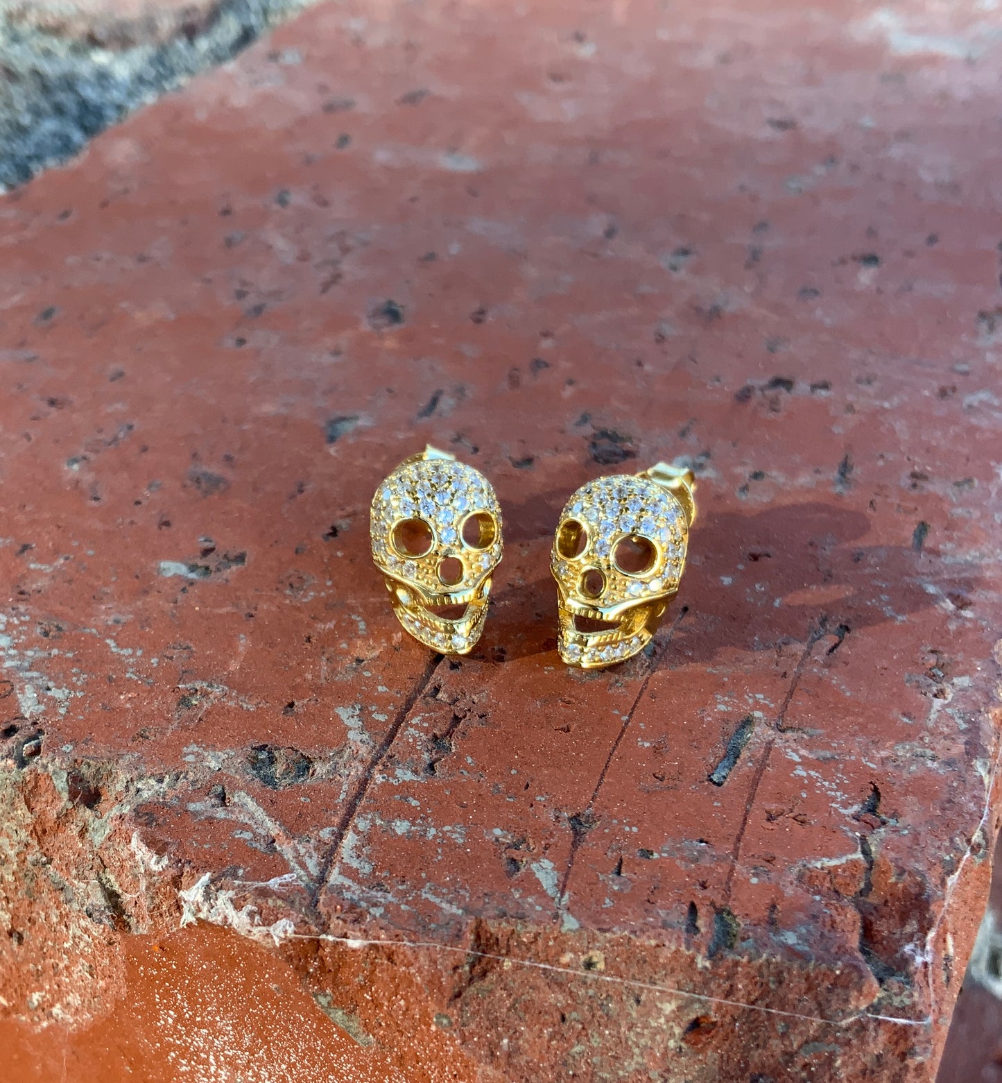 Yellow Gold Yellow Gold Over Sterling Silver Women's CZ Sugar Skull Stud Earrings 11mm — detail view