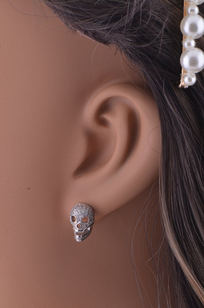 Rhodium Plated Sterling Silver Womens Cz Bling Sugar Skull Womens Stud Earrings - Halloween Gifts for Mom Wife Girlfriend - 11mm