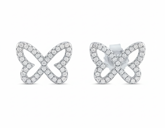 Rhodium Plated Sterling Silver Women's CZ Butterfly Stud Earrings - 9mm