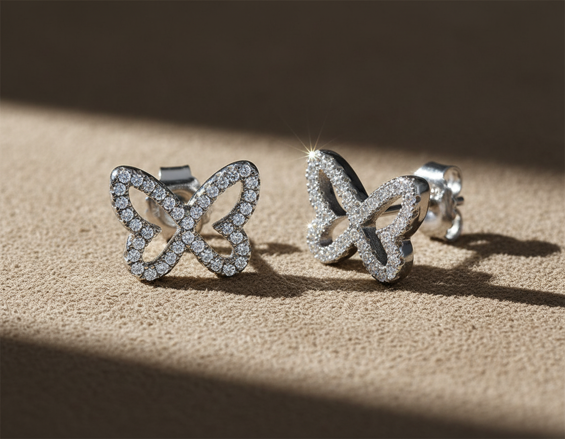 Rhodium Plated Sterling Silver Women's CZ Butterfly Stud Earrings - 9mm
