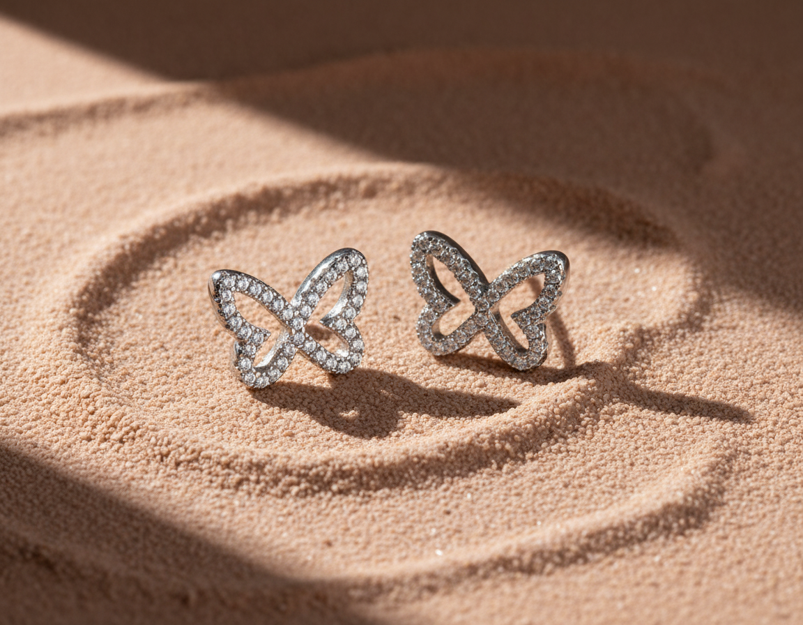 Rhodium Plated Sterling Silver Women's CZ Butterfly Stud Earrings - 9mm