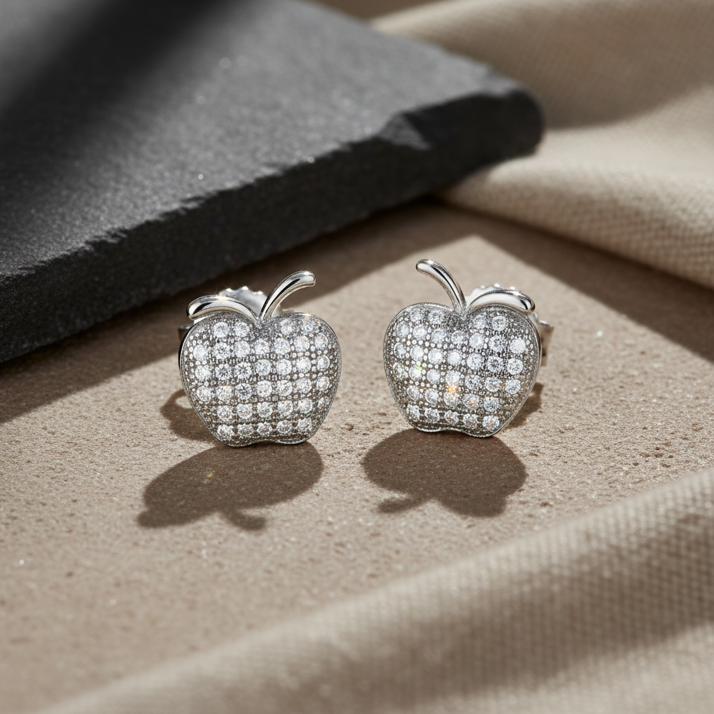White Gold Over Sterling Silver Cz Womens Apple Stud Earrings