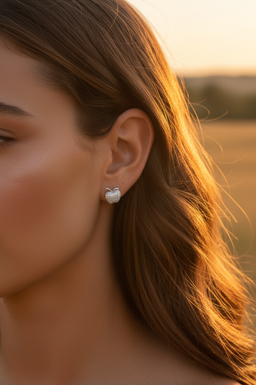 White Gold over Sterling Silver CZ Women's Apple Stud Earrings