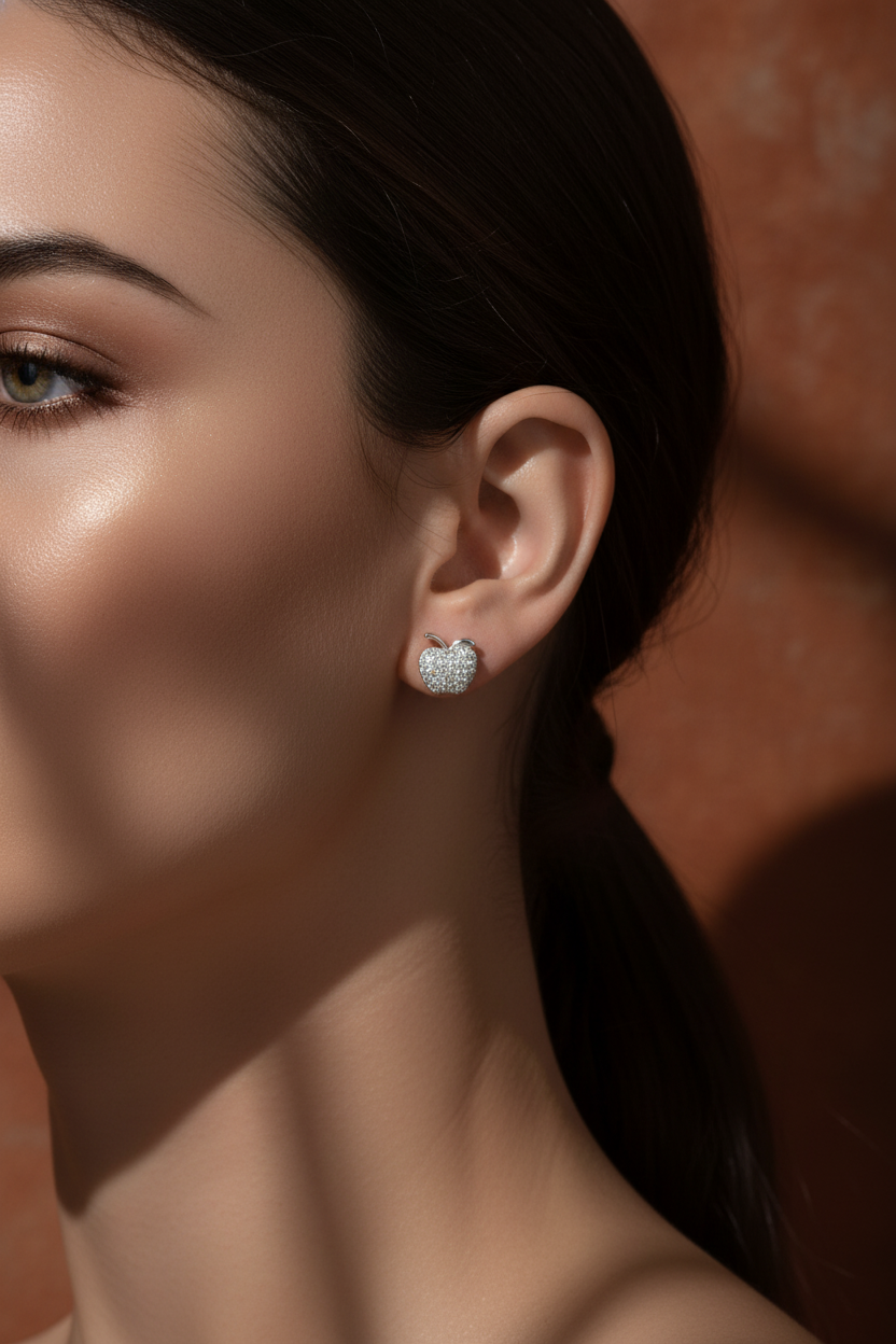 White Gold over Sterling Silver CZ Women's Apple Stud Earrings