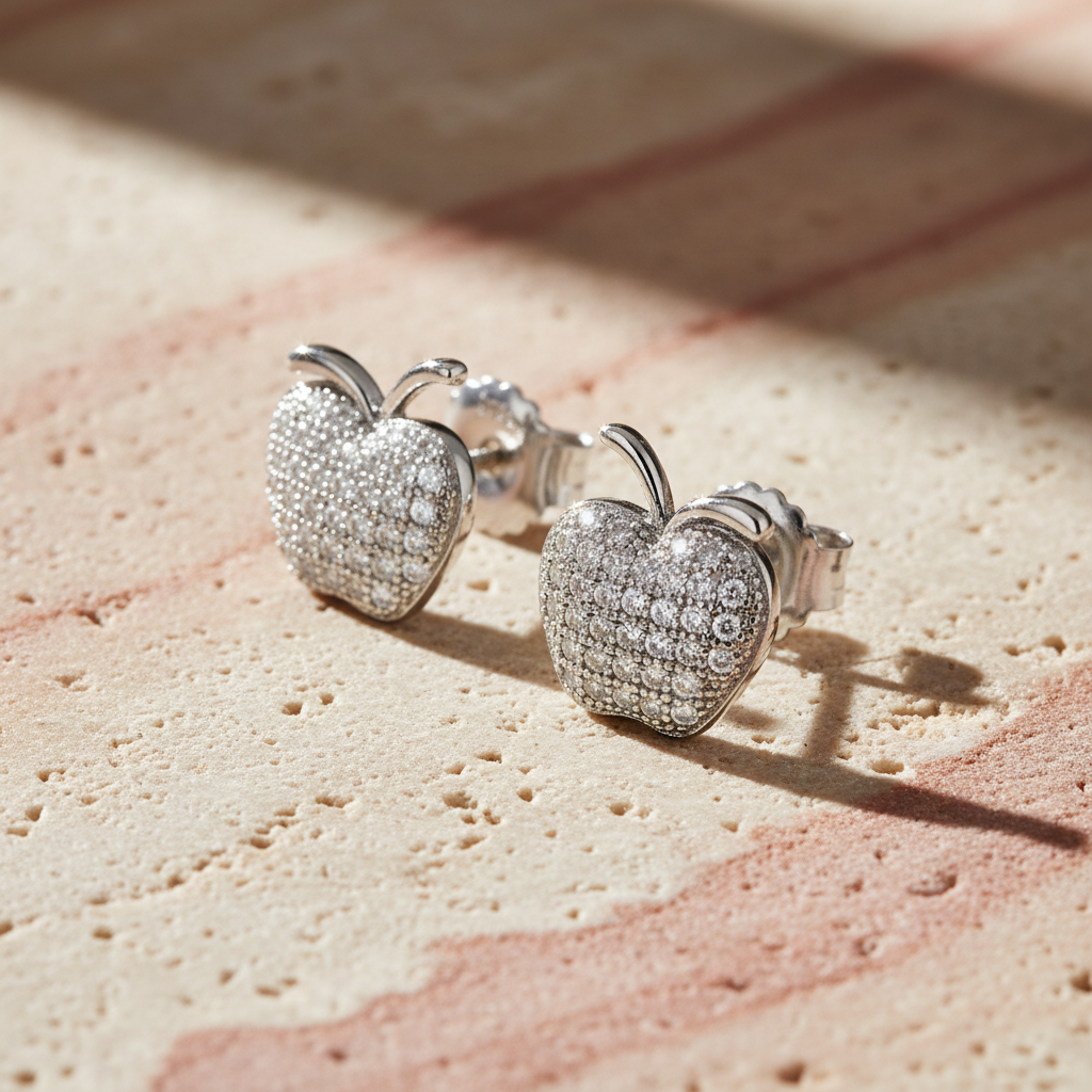 White Gold Over Sterling Silver Cz Womens Apple Stud Earrings