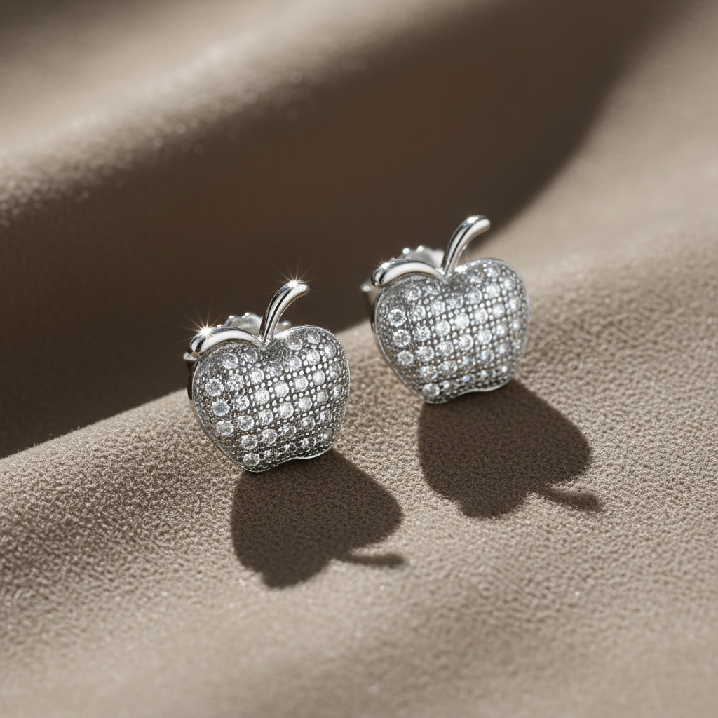White Gold Over Sterling Silver Cz Womens Apple Stud Earrings