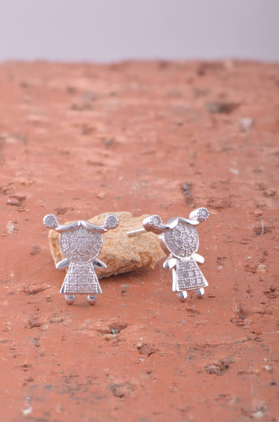 White Gold Over Sterling Silver Womens Cz pigtail Girl Stud Earrings