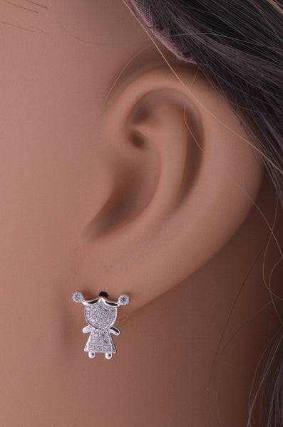 White Gold Over Sterling Silver Womens Cz pigtail Girl Stud Earrings