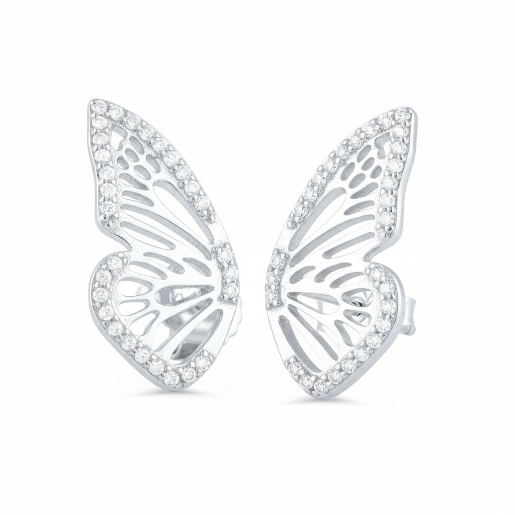 White Gold Over Sterling Silver Ladies Large Cz Half Butterfly Earrings