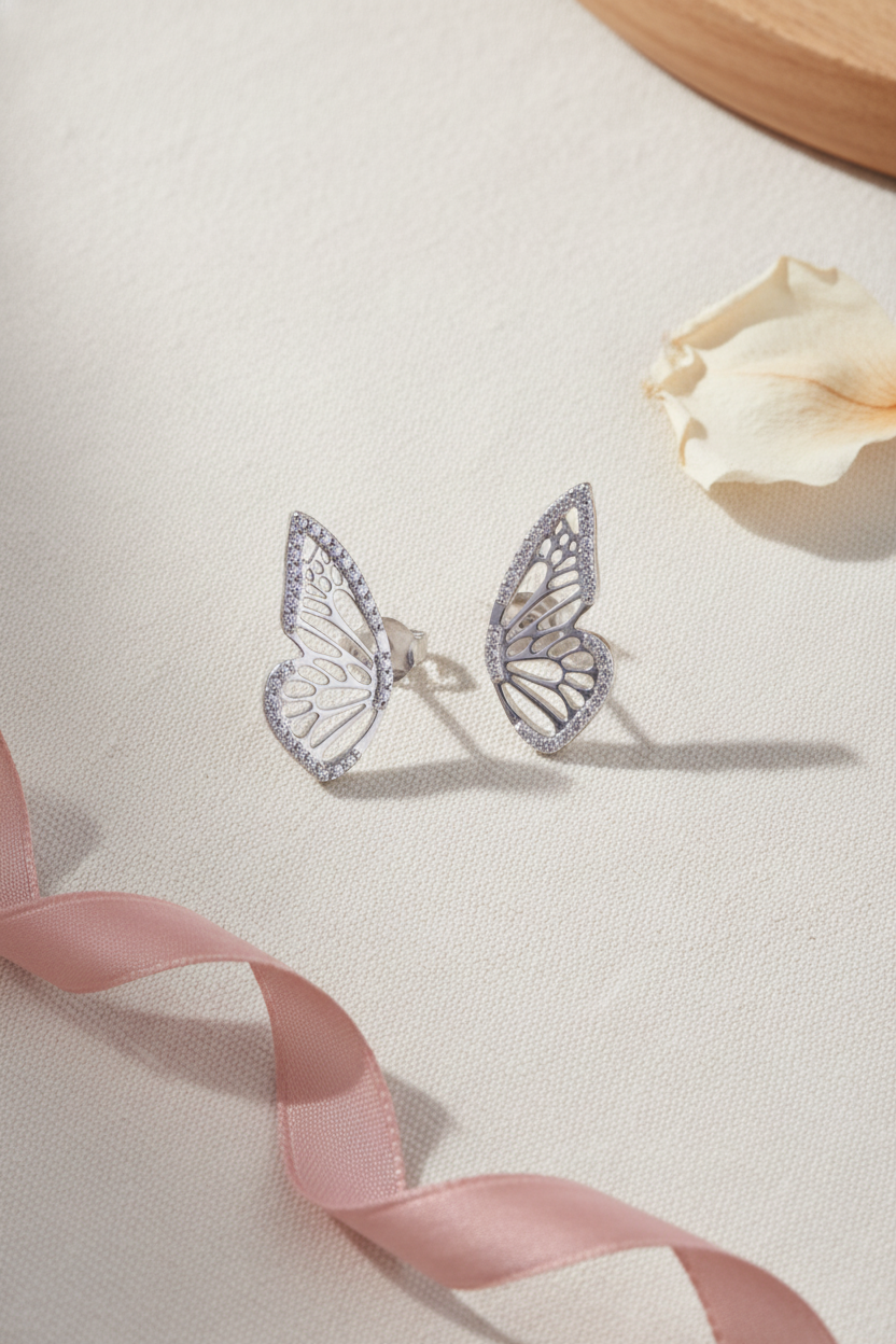 White Gold over Sterling Silver Ladies Large CZ Half Butterfly Earrings