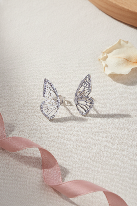 White Gold over Sterling Silver Ladies Large CZ Half Butterfly Earrings