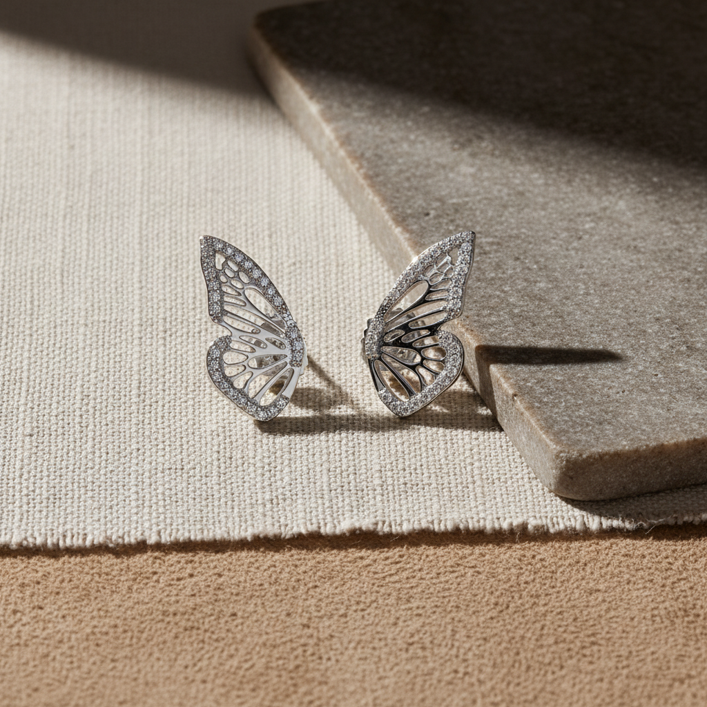 White Gold Over Sterling Silver Ladies Large Cz Half Butterfly Earrings