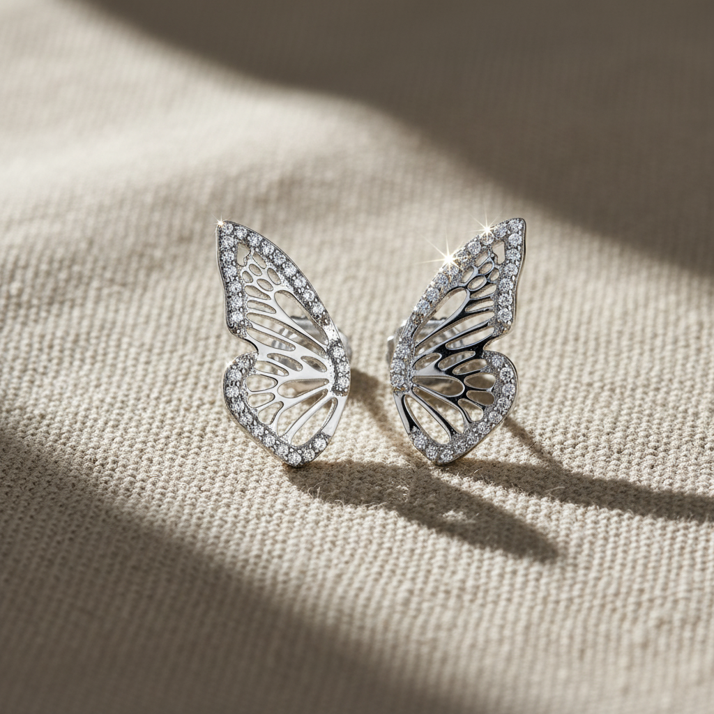 White Gold Over Sterling Silver Ladies Large Cz Half Butterfly Earrings