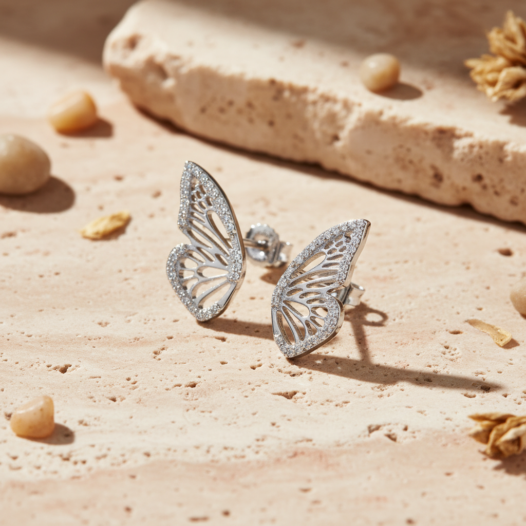 White Gold Over Sterling Silver Ladies Large Cz Half Butterfly Earrings