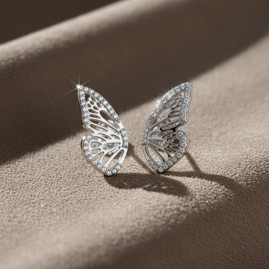 White Gold Over Sterling Silver Ladies Large Cz Half Butterfly Earrings