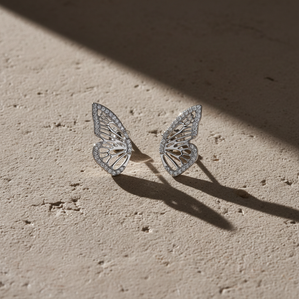 White Gold Over Sterling Silver Ladies Large Cz Half Butterfly Earrings