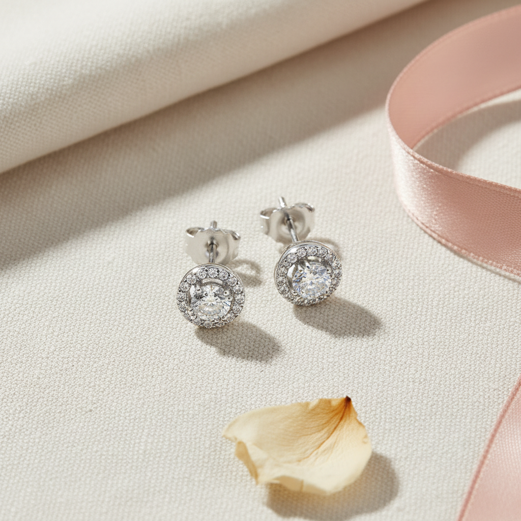 White Gold over Sterling Silver Ladies CZ Round Halo Stud Earrings
