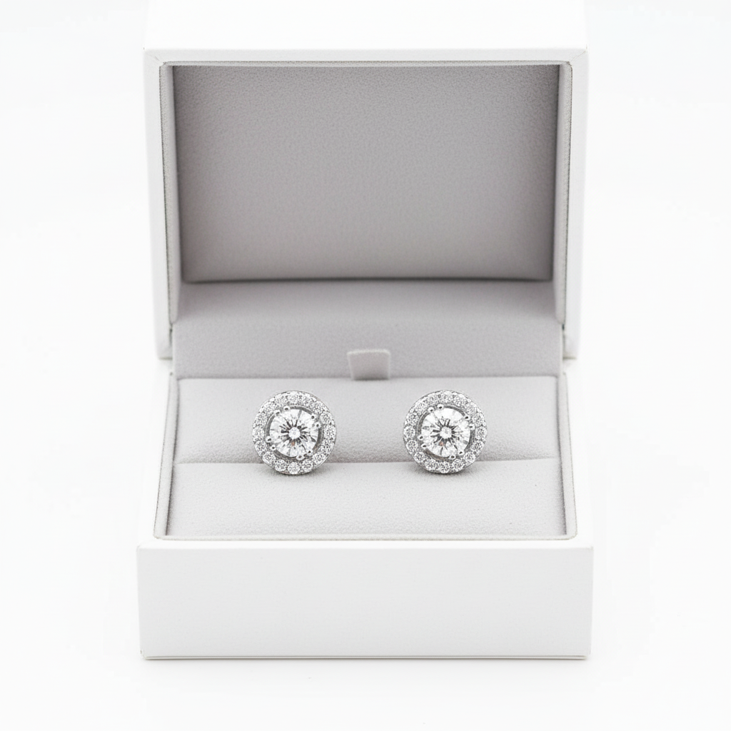 White Gold over Sterling Silver Ladies CZ Round Halo Stud Earrings