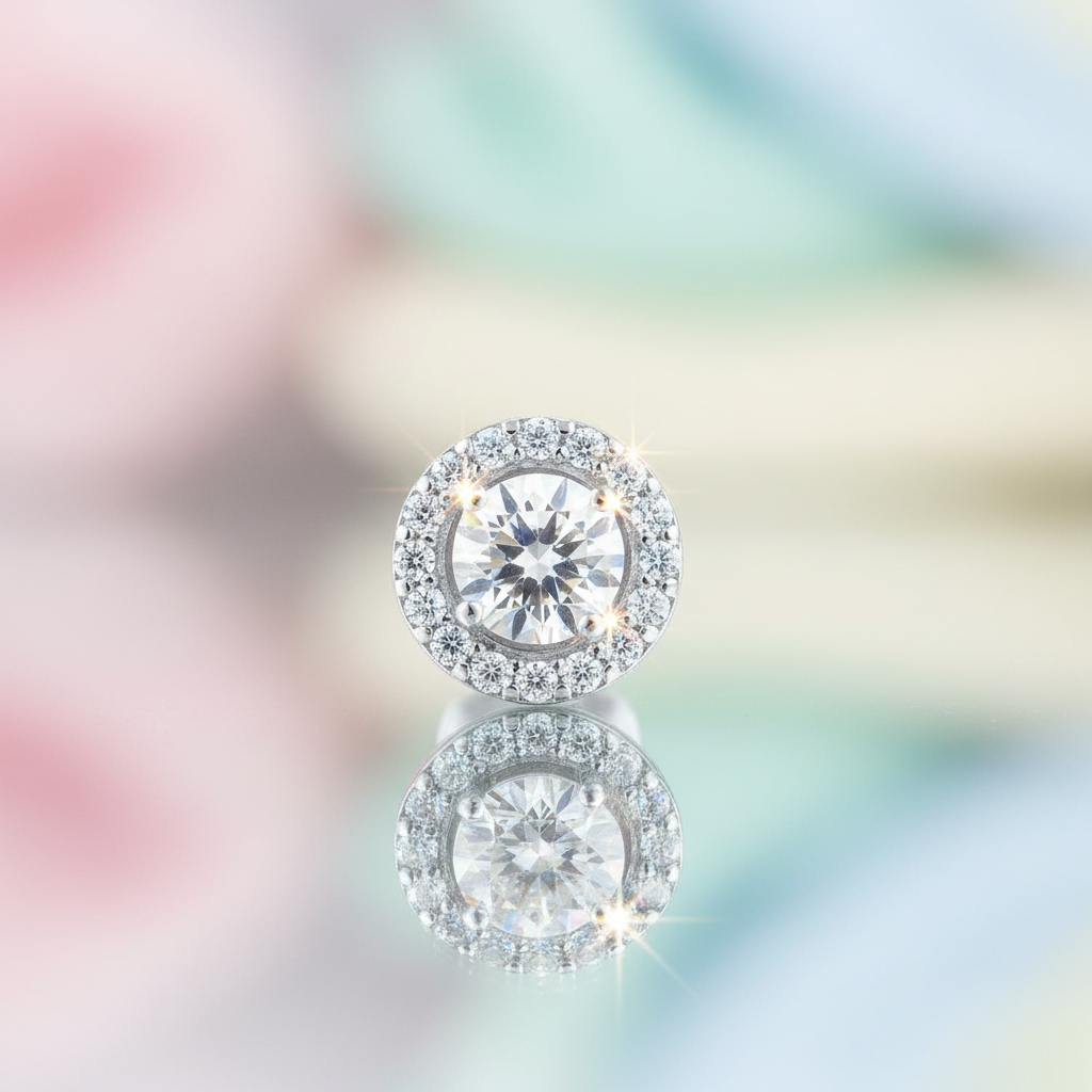 White Gold over Sterling Silver Ladies CZ Round Halo Stud Earrings