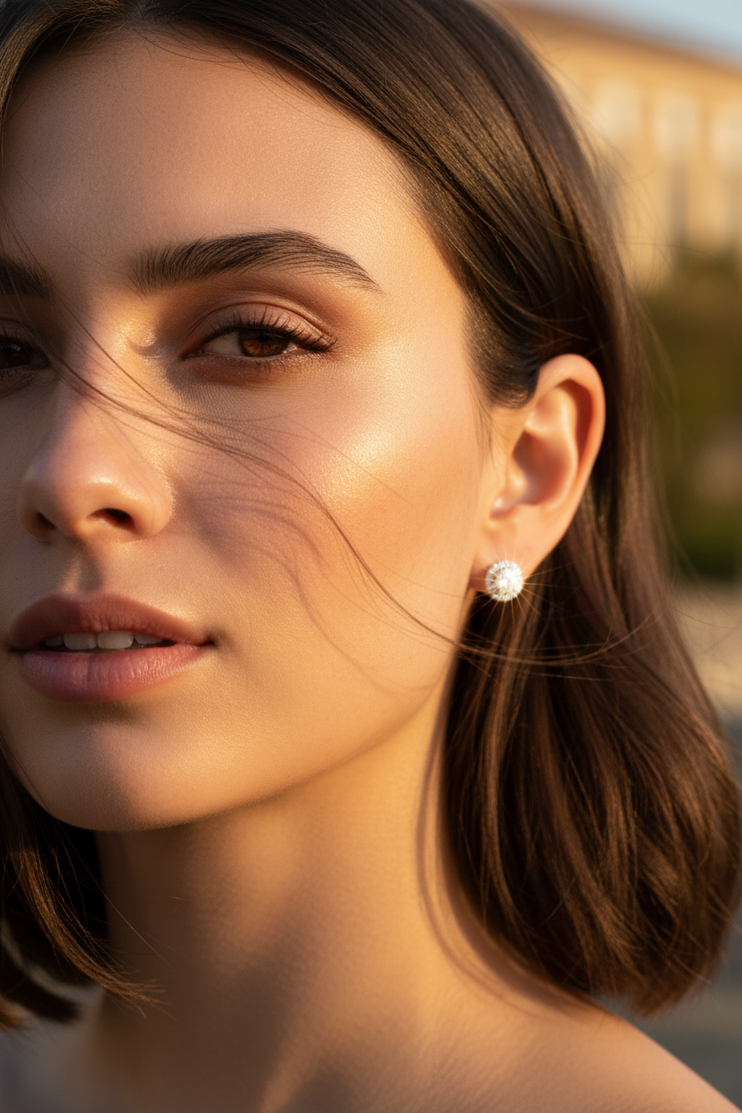 White Gold over Sterling Silver Ladies CZ Round Halo Stud Earrings
