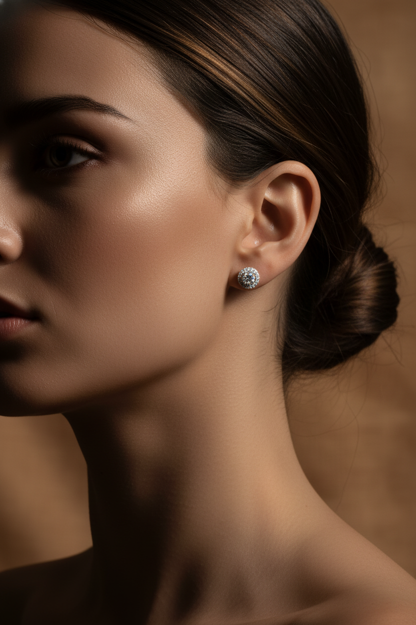 White Gold over Sterling Silver Ladies CZ Round Halo Stud Earrings