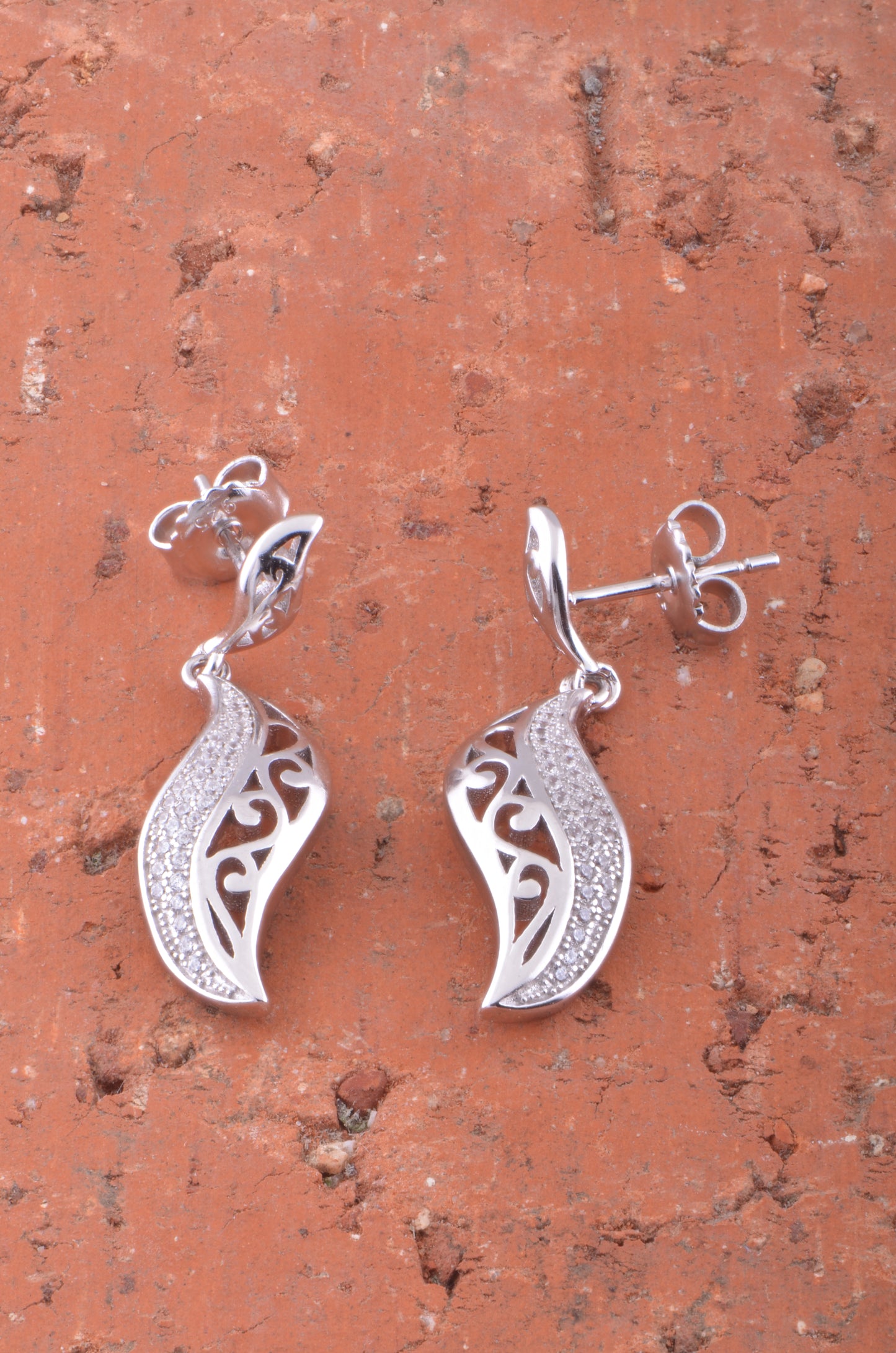 White Gold Over Sterling Silver Womens Cz Intricate Leaf Dangle Earrings - 7mm