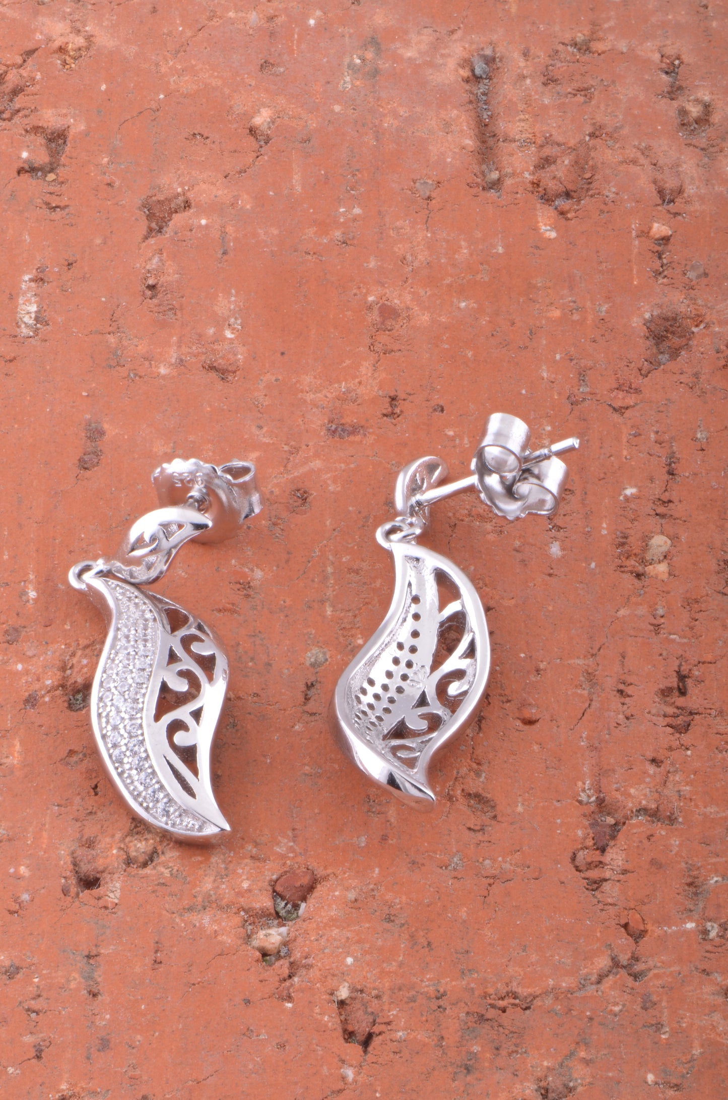 White Gold Over Sterling Silver Womens Cz Intricate Leaf Dangle Earrings - 7mm