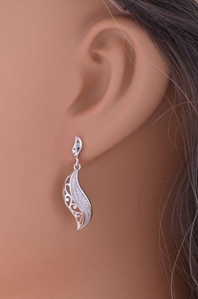 White Gold Over Sterling Silver Womens Cz Intricate Leaf Dangle Earrings - 7mm