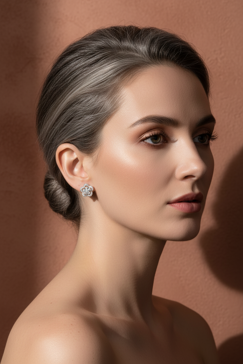 White Gold over Sterling Silver Women's CZ Halo Flower Stud Earrings