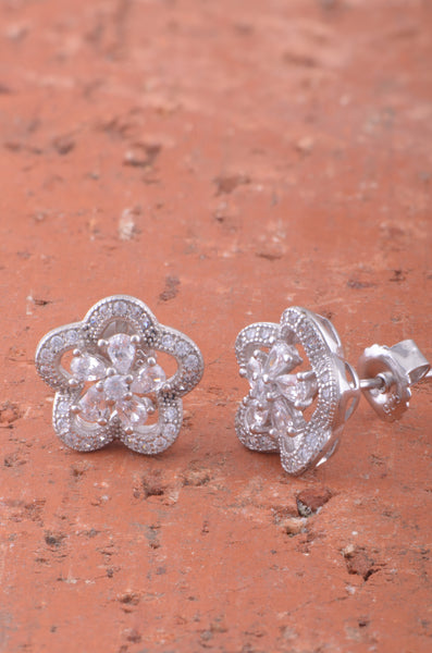 White Gold Over Sterling Silver Womens Cz Halo Flower Stud Earrings