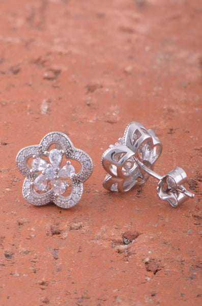 White Gold Over Sterling Silver Womens Cz Halo Flower Stud Earrings