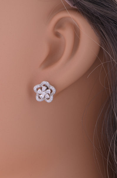 White Gold Over Sterling Silver Womens Cz Halo Flower Stud Earrings