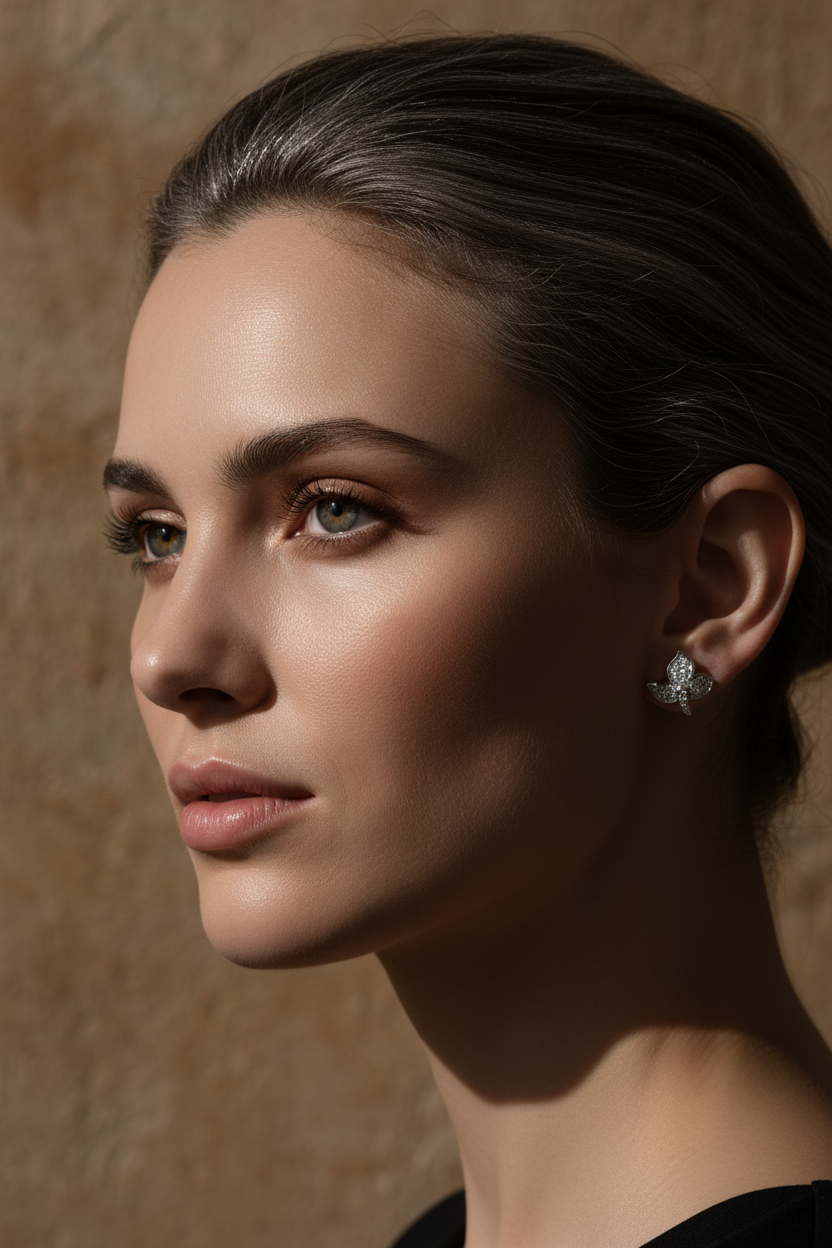 White Gold over Sterling Silver Women's CZ Ivy Leaf Stud Earrings