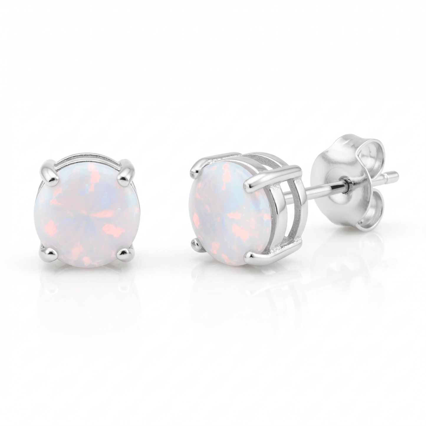 Sterling Silver Round White Opal Stud Earrings