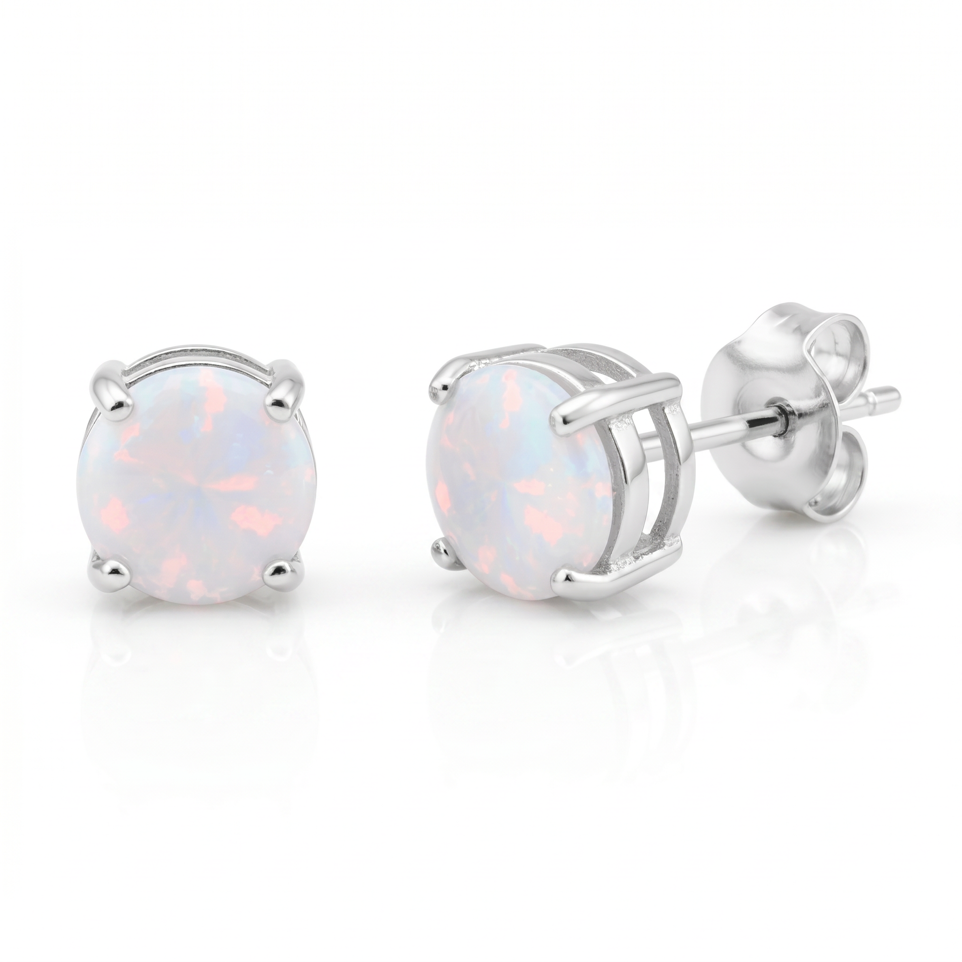 Sterling Silver Round White Opal Stud Earrings