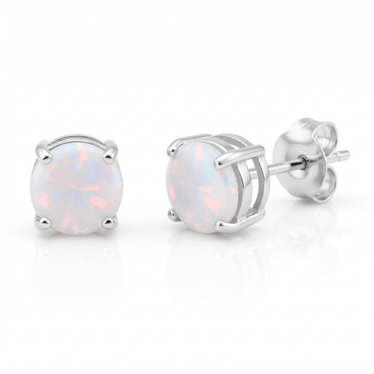 Sterling Silver Round White Opal Stud Earrings