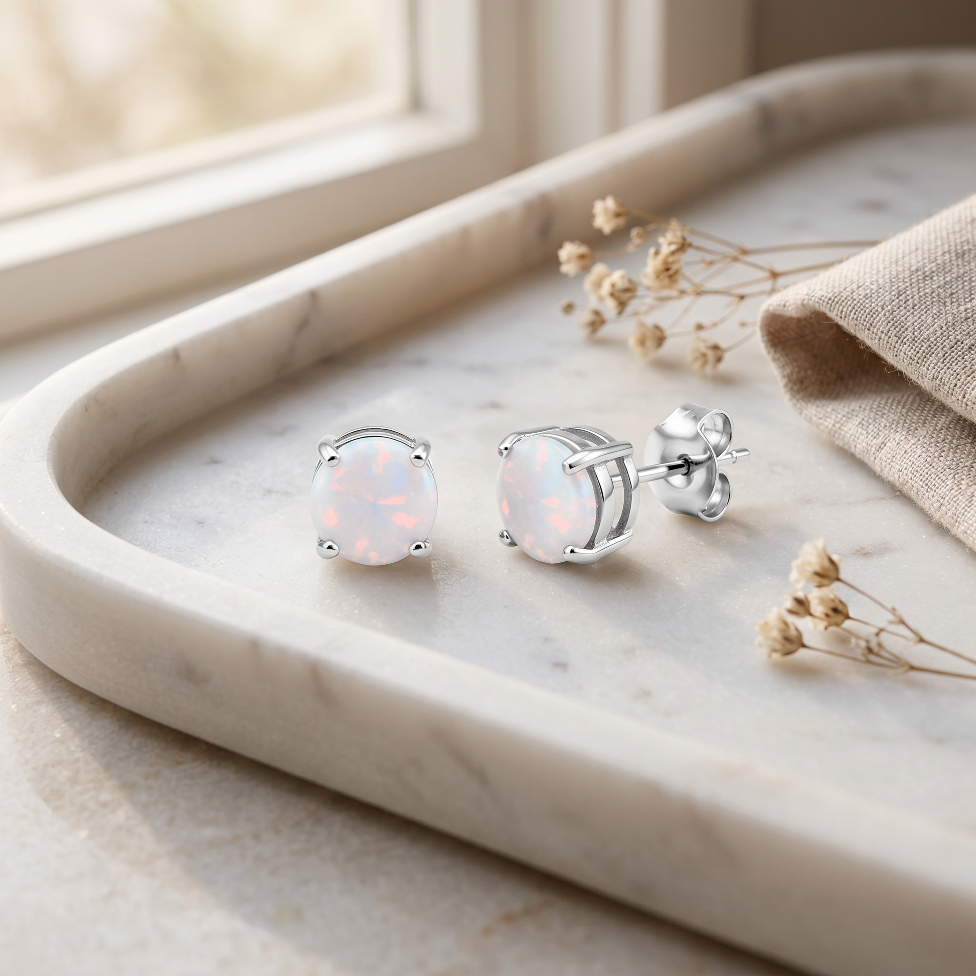 Sterling Silver Round White Opal Stud Earrings