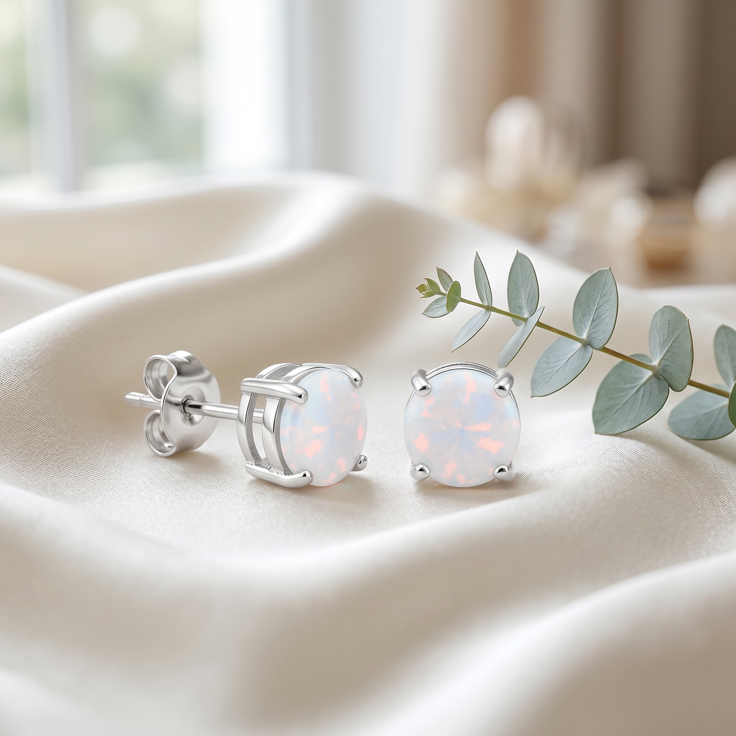 Sterling Silver Round White Opal Stud Earrings