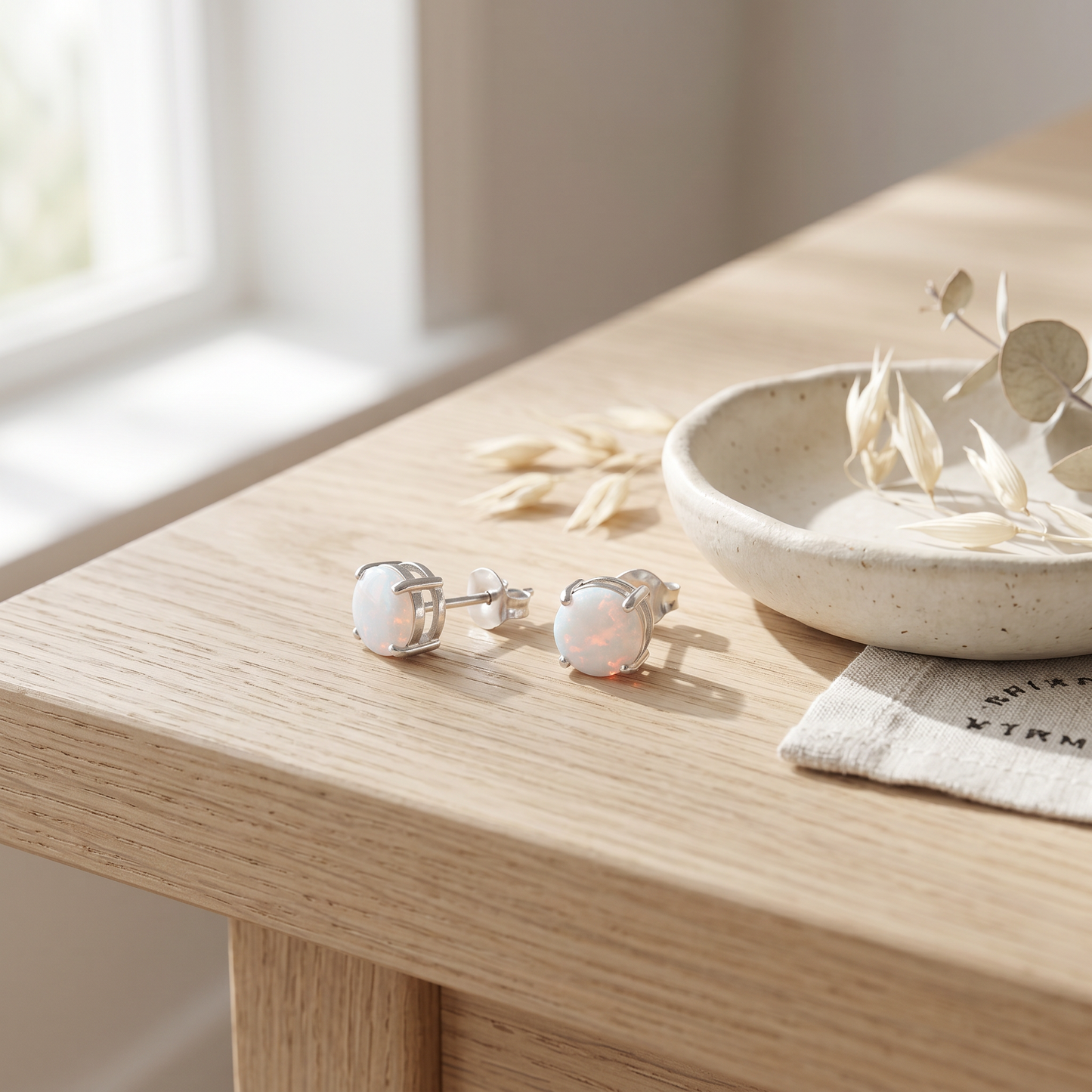 Sterling Silver Round White Opal Stud Earrings