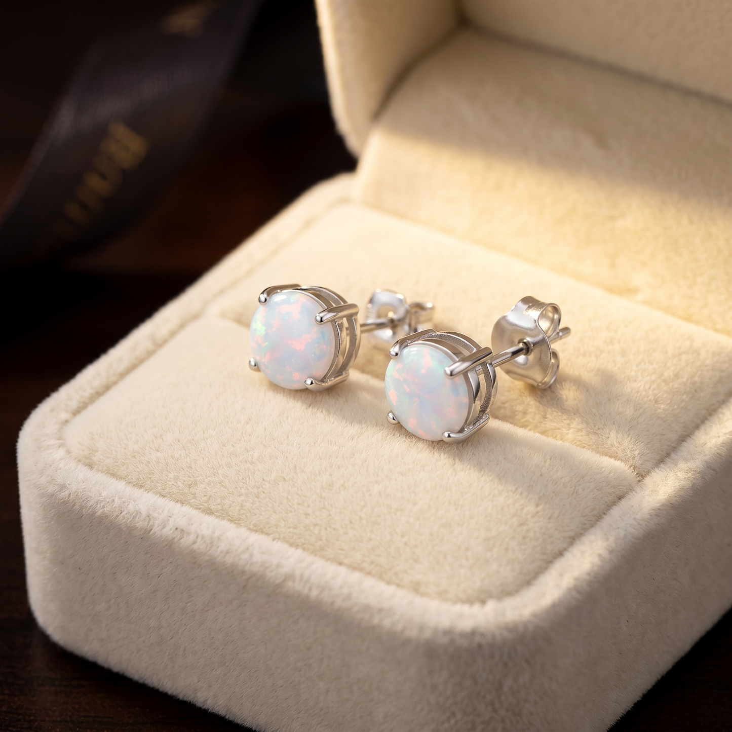 Sterling Silver Round White Opal Stud Earrings